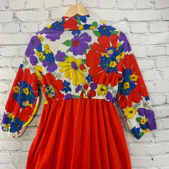 Vintage 70’s Psychedelic Bright Floral Print Sheer House Lounge Dress Groovy Mod - Picture 5 of 11